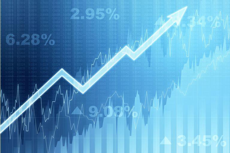 Front view of blue growing financial chart with arrow. Income and growth concept. 3D Rendering