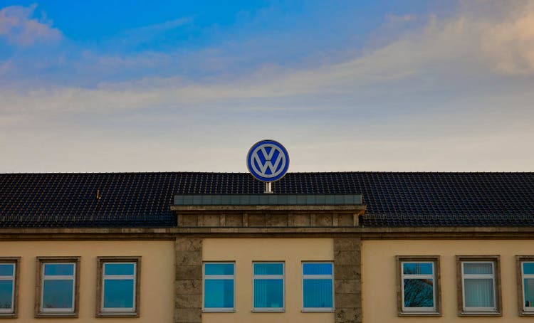 Volkswagen trademark on the roof of the administration building in Braunschweig