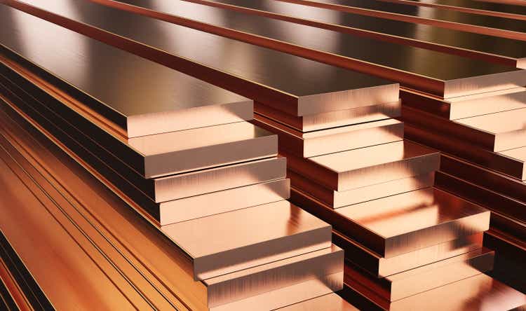 Warehouse of copper plates. Rolled metal products.