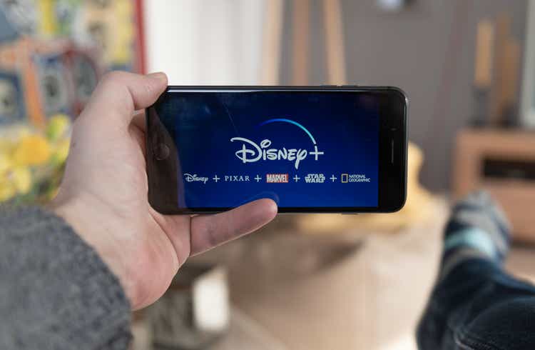 Disney+ startscreen on mobile phone. Disney+ online video, content streaming subscription service. Disney plus, Star wars, Marvel, Pixar, National Geographic.