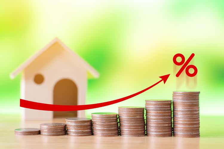 Stack of coins step up graph with red arrow and percentage icon, risk management business financial concept and investment percentage interest rates management