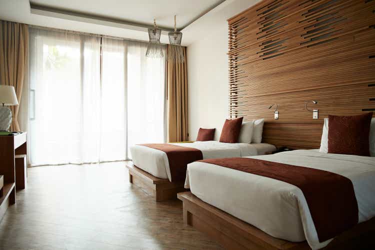 Beds in hotel room at tourist resort