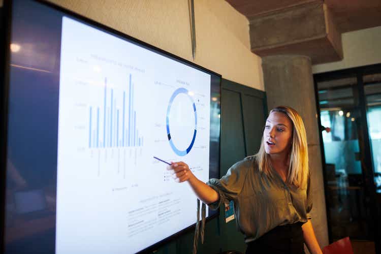 One young businesswoman making a presentation speech.