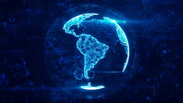 Digital globe made of plexus bright glowing lines. Detailed virtual planet earth. Technology structure of connected lines, dots and particles forming world. South america continent. 3d rendering