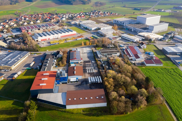 Industrial Area, Trucks at Warehouse, Aerial View