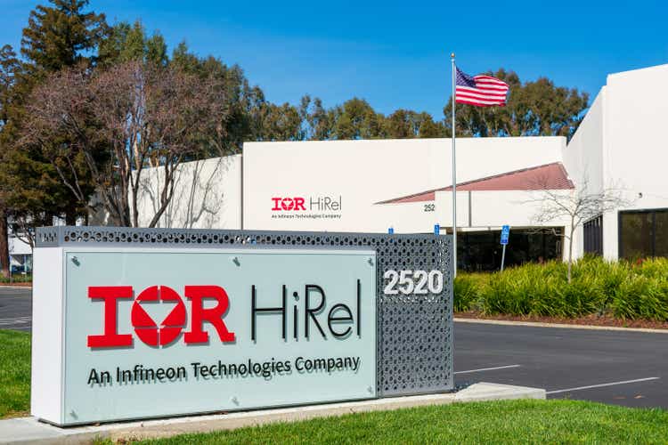 International Rectifier HiRel An Infineon Technologies company sign at semiconductor manufacturer headquarters in Silicon Valley