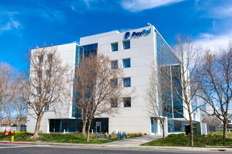 PayPal modern office building in Silicon Valley. PayPal Holdings Inc. is an American company operating a worldwide online payments