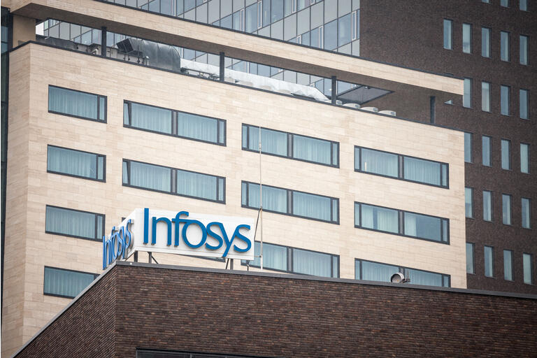 Infosys logo in front of their office for Brno. Infosys is an Indian company specialized in Outsourcing, business consulting and information technology.