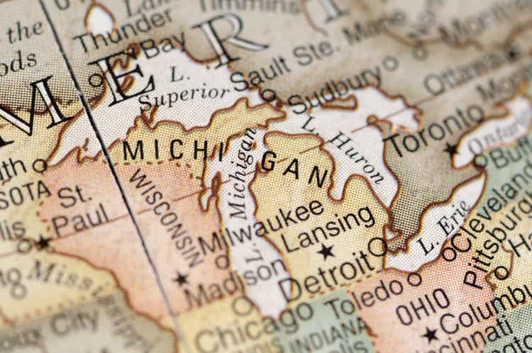 Close-up of American map focusing on Michigan