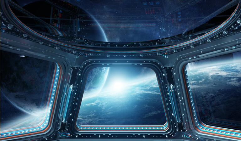 Window view of space and planets from a space station 3D rendering