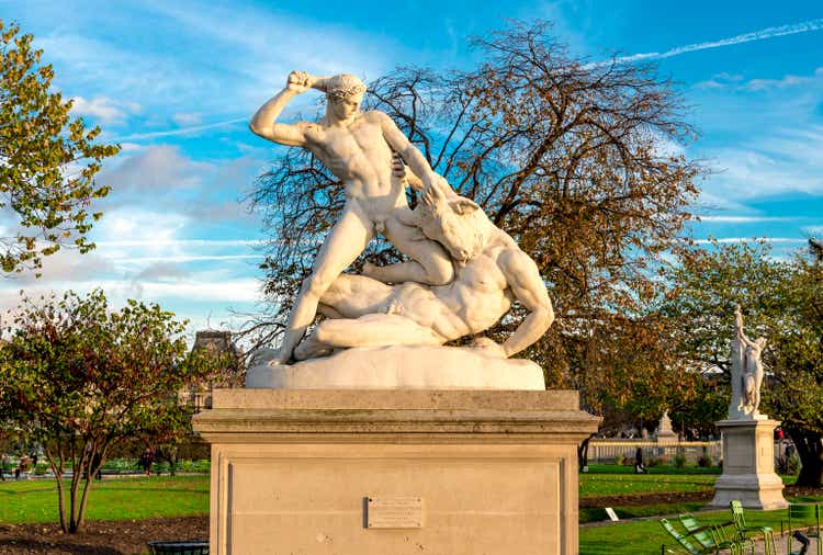 An antique statue of Theseus fighting with Minotaur in the Tuileries garden, Paris