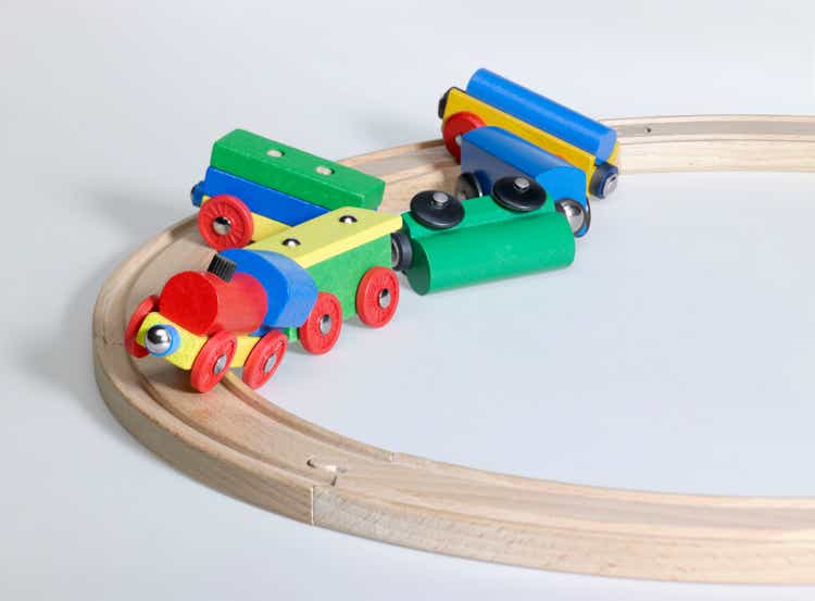 colorful wooden toy train and tracks