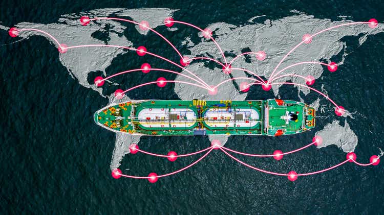 Aerial view LPG tanker ship, Global business liquefied petroleum gas form refinery petrochemical industry, Oversea commercial trade logistic and transportation worldwide by tanker vessel concept