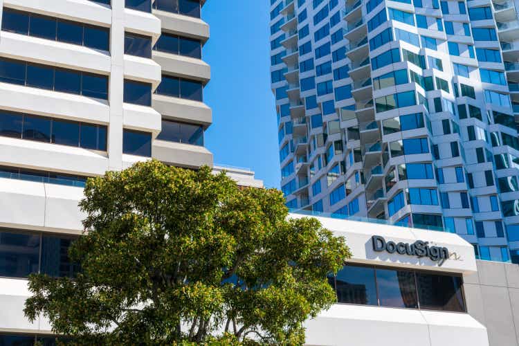 DocuSign sign and logo on facade of company headquarters building