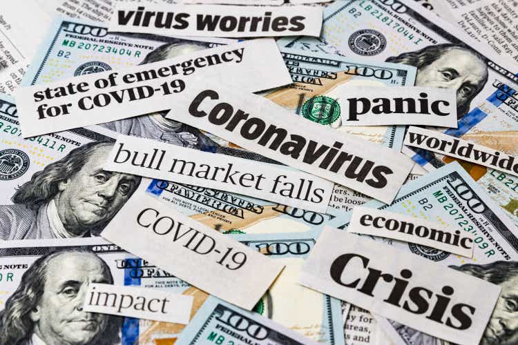 Coronavirus, covid-19 news headlines on US 0 bill.  Concept of financial impact, stock market decline and crash due to global pandemic