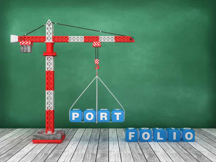 Tower Crane with PORTFOLIO Word on Chalkboard Background - 3D Rendering