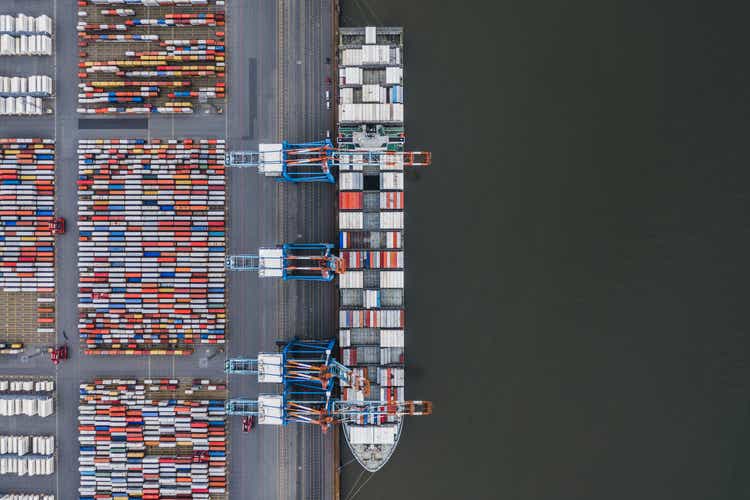 Container ship docked in port as seen from above, Germany