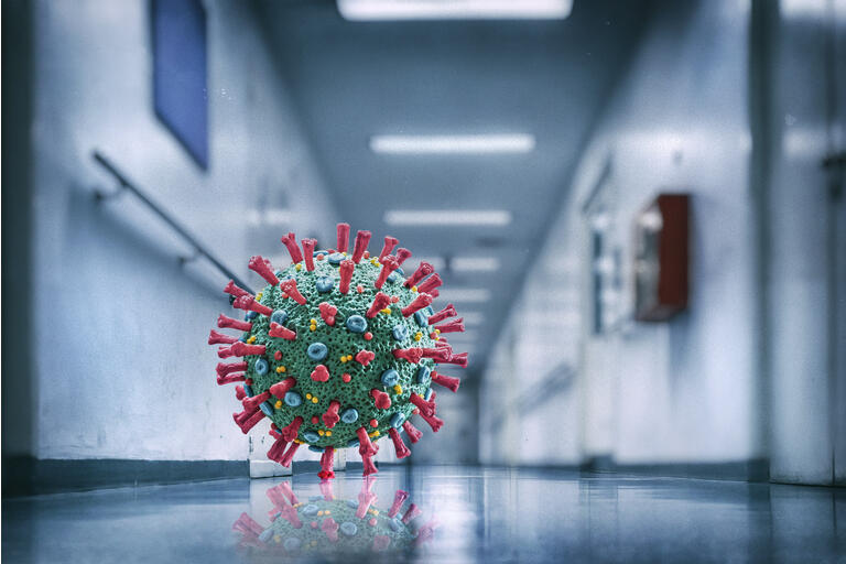 Corona Virus COVID-19 floating microscopic macro mockup in empty hospital