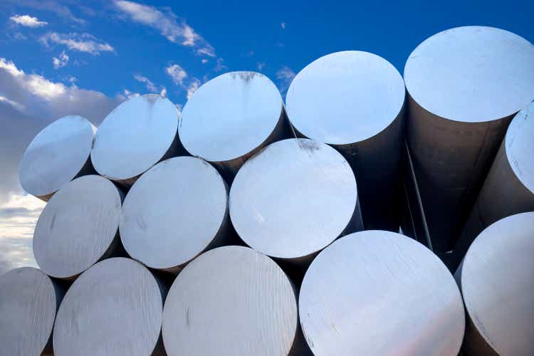 Industrial raw materials, Heap of aluminium bar in aluminium profiles factory