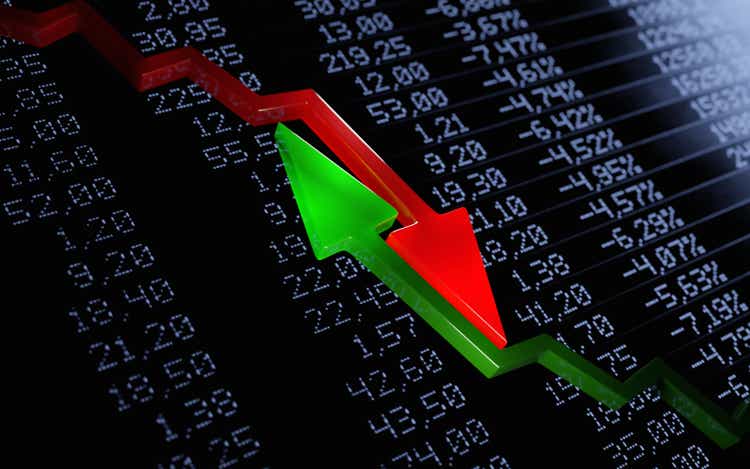 Stock market on uncertain trend. Bull vs bear concept. Opposing red and green arrows over financial figures. Digital 3D render.