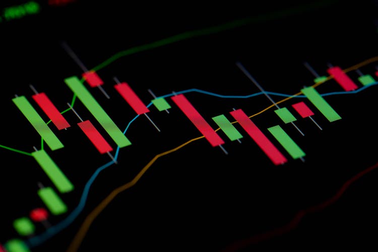 Close up shot on digital screen Candlestick Chart of stock market change and volatility prices profit or loss