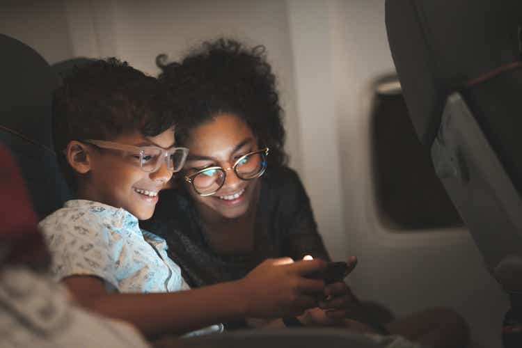 Children using smart phone during the flight