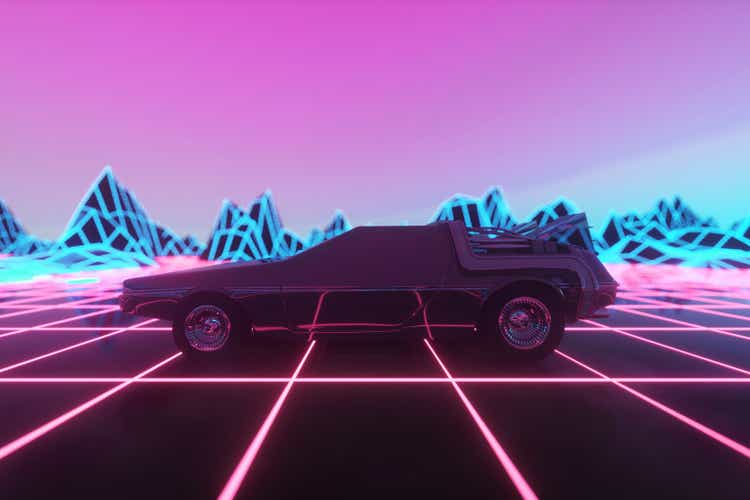 Retro future. 80s style sci-fi background with supercar. Futuristic retro car. 3d rendering