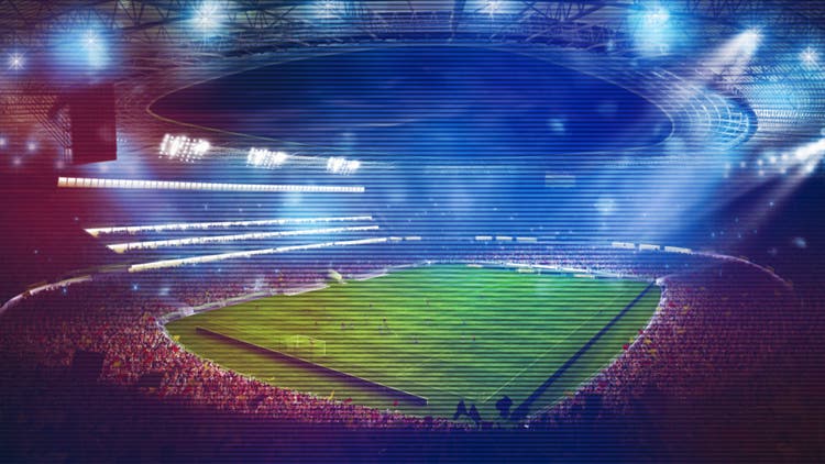 야간 경기 중 팬들로 가득찬 빛 효과와 축구 경기장의 배경. 3D 렌더링