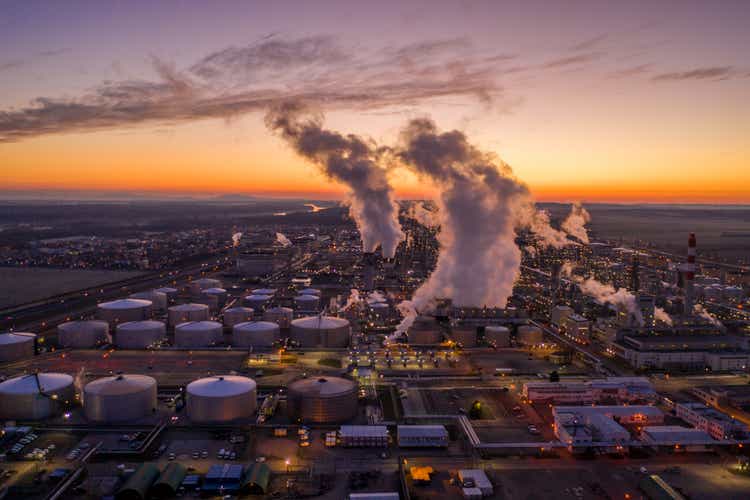 Aerial view of oil refinery at sunset.