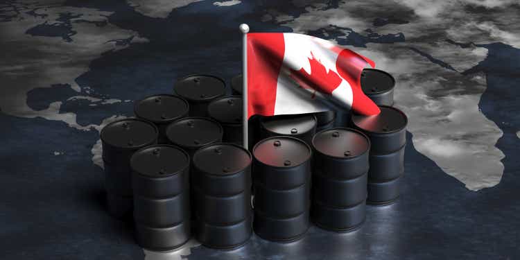De trommels van de brandstof en de vlag van Canada op de achtergrond van de wereldkaart. 3d illustratie