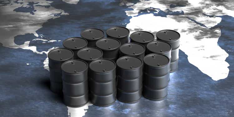 Oil barrels black color on world map background. 3d illustration