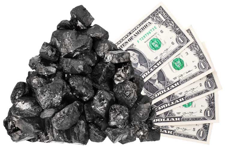 Coal heap and one dollar banknotes on white background isolated close up, black coal rock, money bundle, mineral fossil fuel price concept, anthracite coal mining industry, power and energy banner