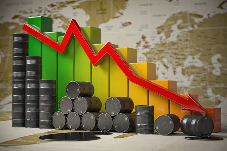 Crisis in oil and petroleum ndustry. Oil barrels and falling graph on world map background. Oil price or production decrease concept. 3d illustration