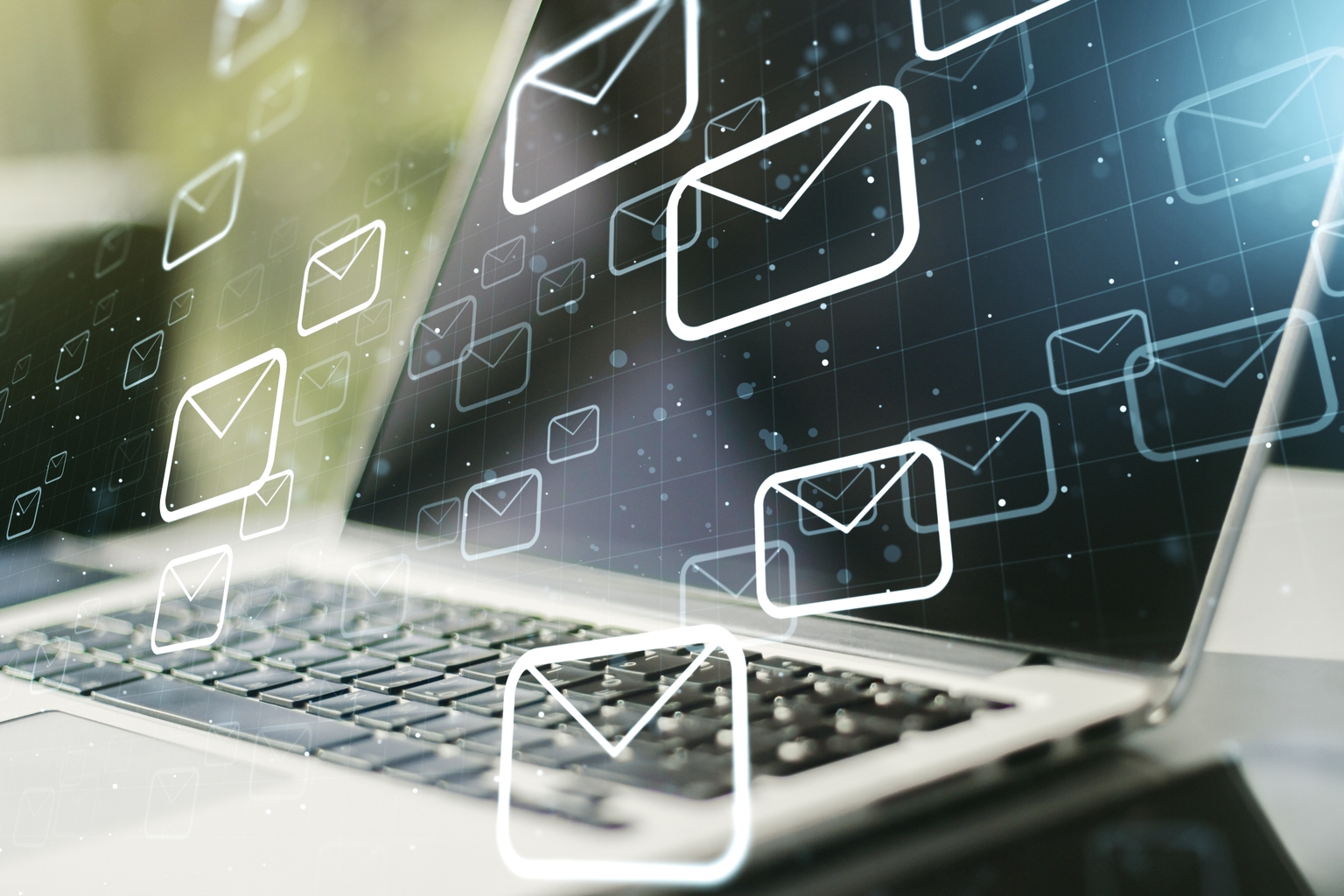 Creative abstract postal envelopes sketch on mode laptop background, e-mail and marketing concept. Double exposure