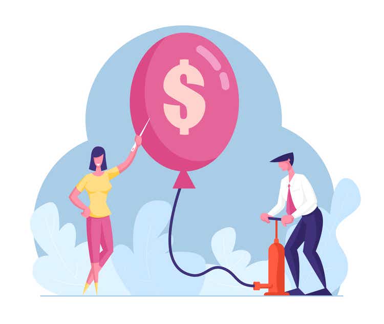 Male Character Inflate Balloon with Dollar Sign Using Pump, Woman Holding Needle to Pierce. Economy Problem or Financial Crisis, Inflation, Bankruptcy, Capital Loss. Cartoon People Vector Illustration