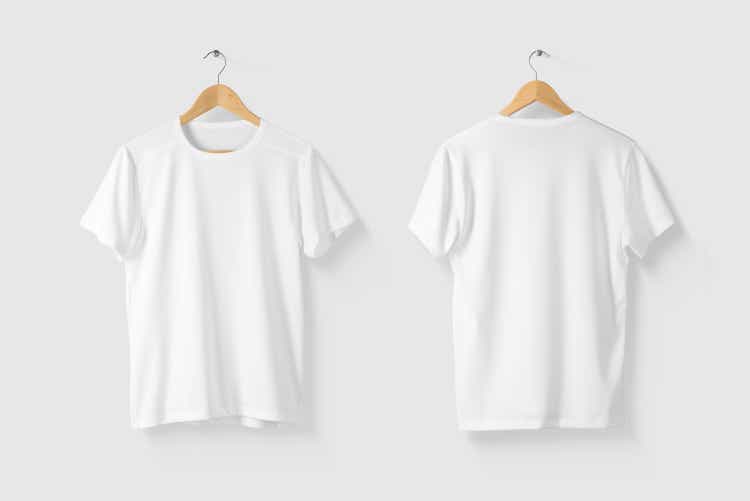 Blank White T-Shirt Mock-up on wooden hanger, front and rear side view.