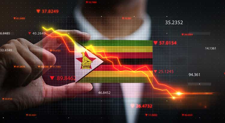 Graph Falling Down in Front Of Zimbabwe Flag. Crisis Concept