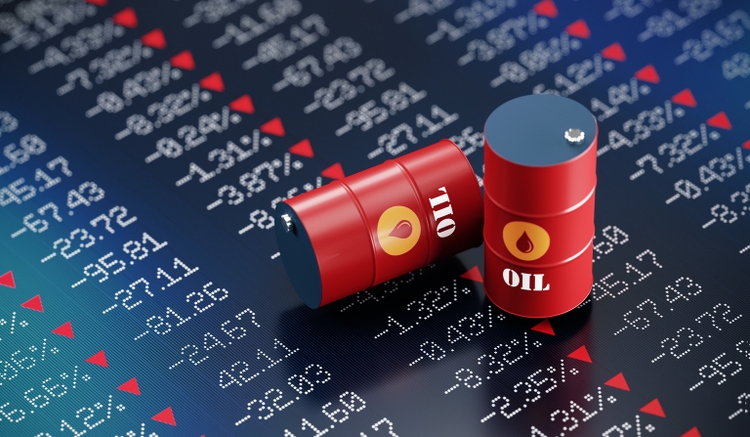 Oil Drums Sitting Over A Trading Board Which is Showing A Stock Market Crash