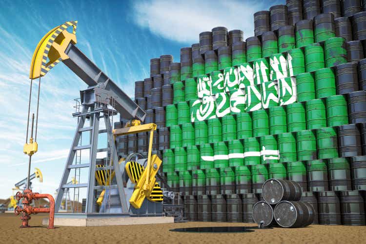 Oil production and extraction in Saudi Arabia. Oil pump jack and oil barrels with Saudi Arabia flag.