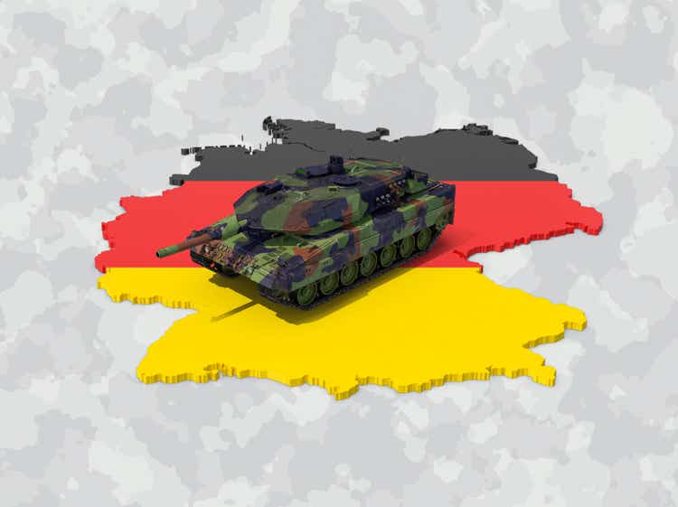 German main battle tank stands on german map silhouette