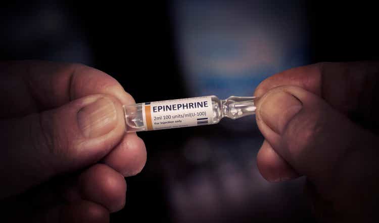 KYIV, UKRAINE-DECEMBER, 2019: Injection of Epinephrine Glass Ampoule.