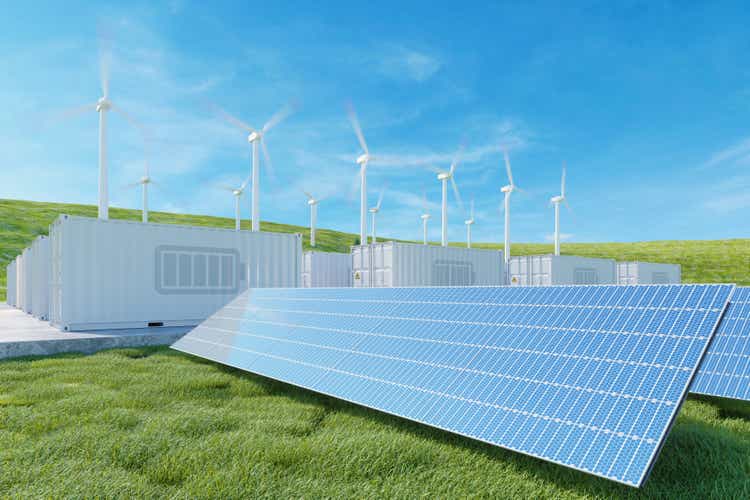 Energy storage system. Solar panel, wind turbines and Li-ion battery container