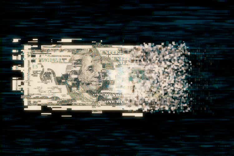 Pixelated us paper currency on dark background