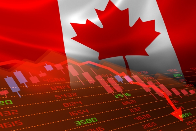 Canadian Flag and Economic Downturn With Stock Exchange Market Indicators in Red