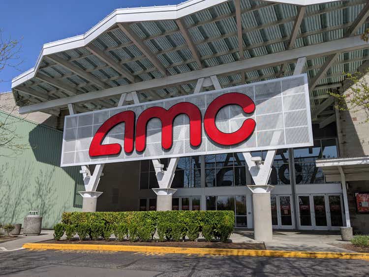 Low angle view of the exterior of an AMC theater on a sunny day.