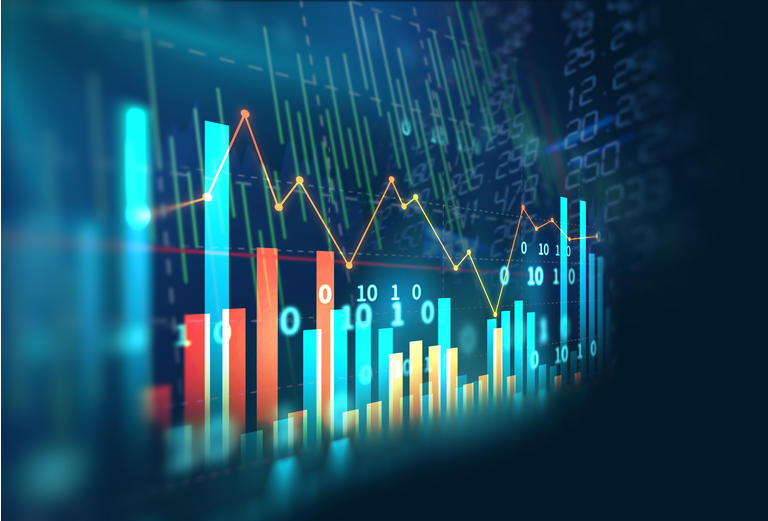 stock market investment graph with indicator and volume data.