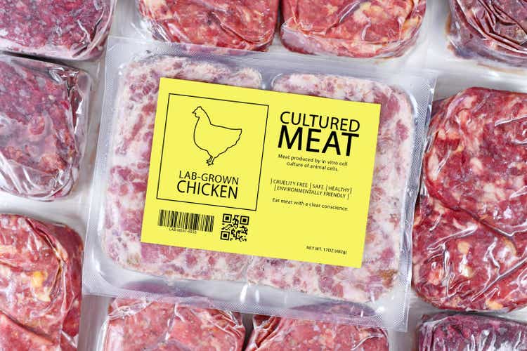 Cultured chicken meat concept for artificial in vitro cell culture meat production with frozen packed raw meat with label