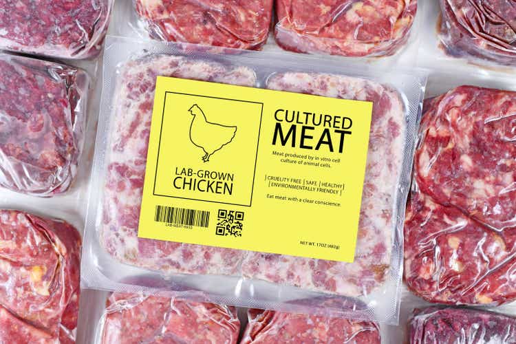 Italian Government Takes Aim at Lab-Grown Meat, Defending Culinary Heritage 1 Cultured chicken meat concept for artificial in vitro cell culture meat production with frozen packed raw meat with label