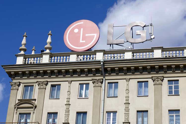 The emblem of the corporation LG on the roof of a historic building. Illustrative editorial.