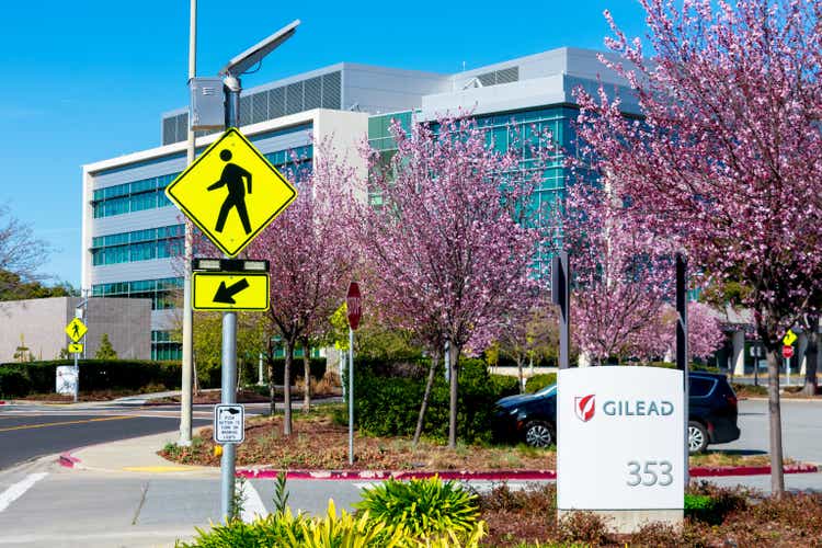 Gilead sign at headquarters of Gilead Sciences biopharmaceutical company